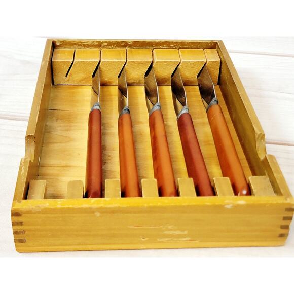 Vintage Washington Forge Dinner Knives With Wood Holder Set Of 5 - Picture 12 of 14